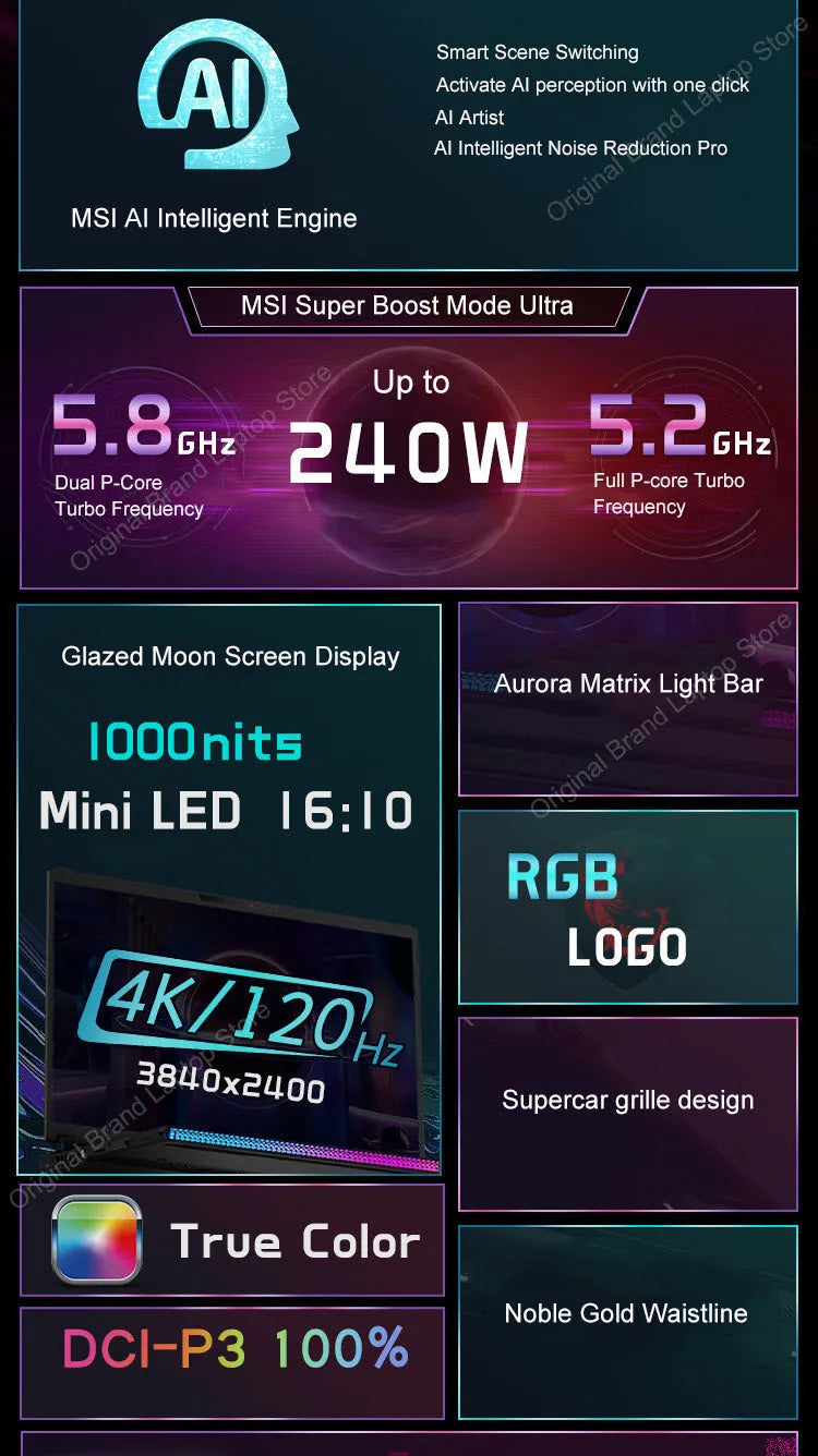 2024 MSI Raider GE68 HX Gaming Laptop 16 Inch 4K UHD 120Hz Mini LED Screen Notebook i9-14900HX 32GB 2TB RTX4080 Netbook Computer