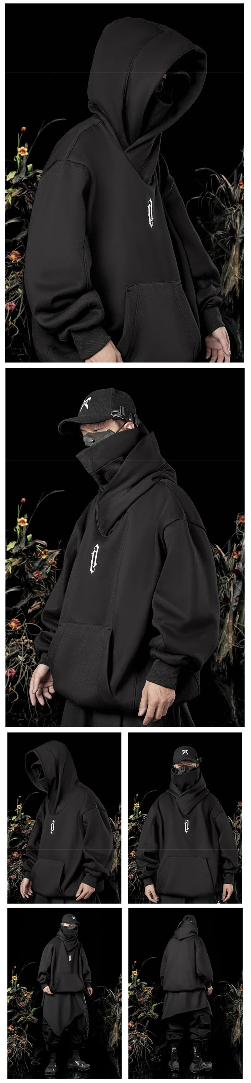 Autumn Embroidery Turtleneck Men's Hooded Sweatshirt Japanese Ninja Oversized Hoodies Hip Hop Fleece Pocket Streetwear Y2K Hoody