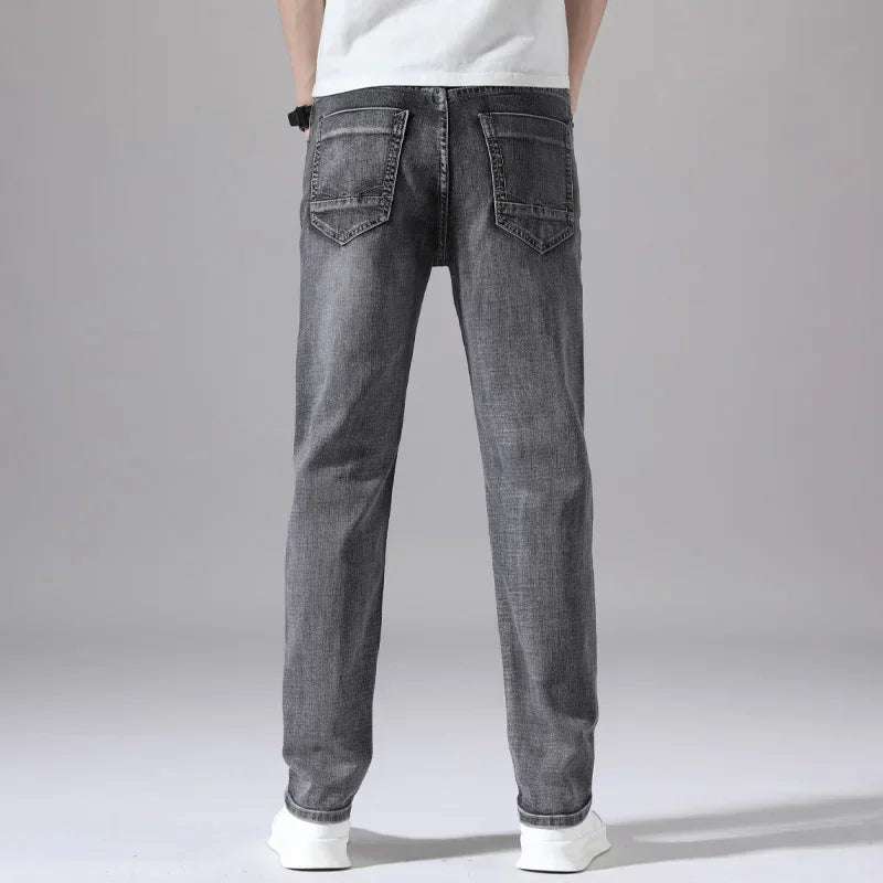 2024 Business Casual Men's Thin Denim Jeans Cotton Stretch Jeans Grey Spring Summer Brand New Fit Straight Lightweight