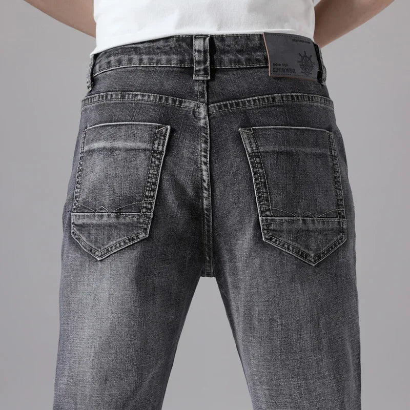 2024 Business Casual Men's Thin Denim Jeans Cotton Stretch Jeans Grey Spring Summer Brand New Fit Straight Lightweight