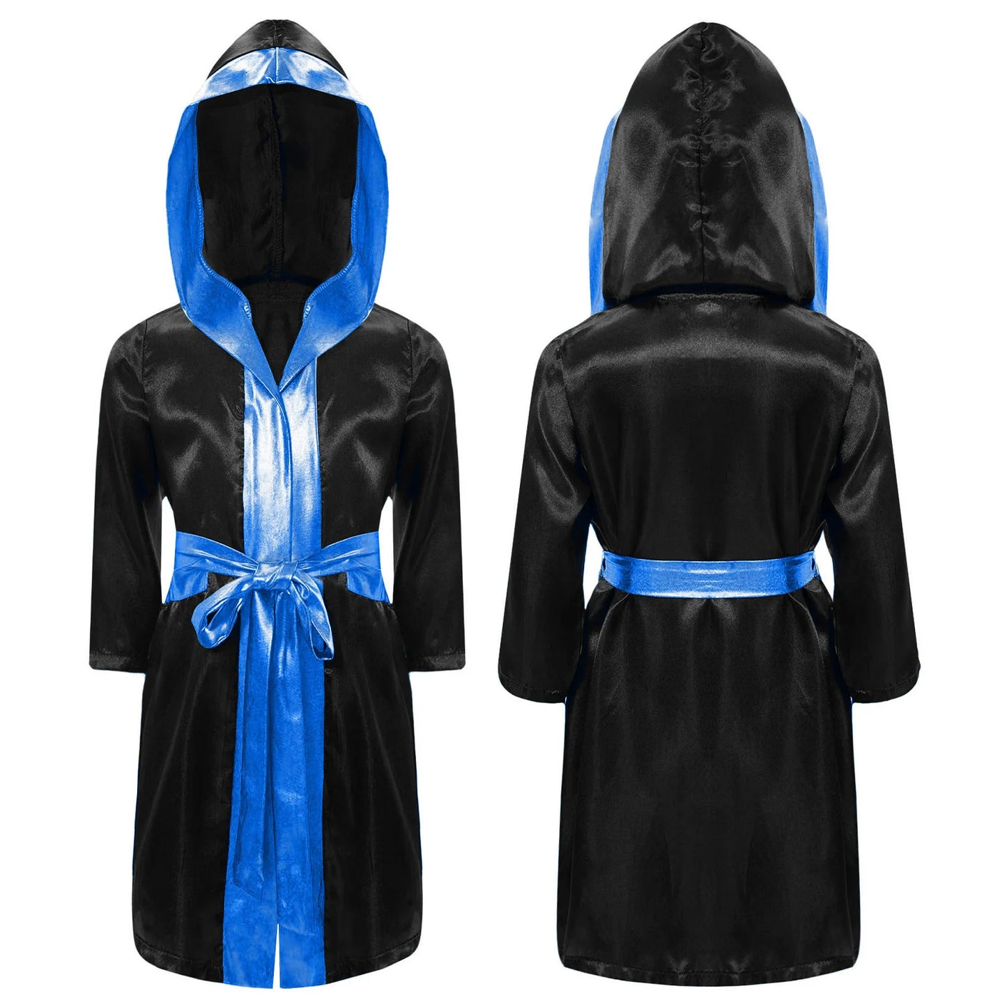 Kids Boys Boxing Robe Boxer Cosplay Costume Long Sleeve Open Front Hooded Cloak with Belt for Kickboxing Workout Sports Fitness