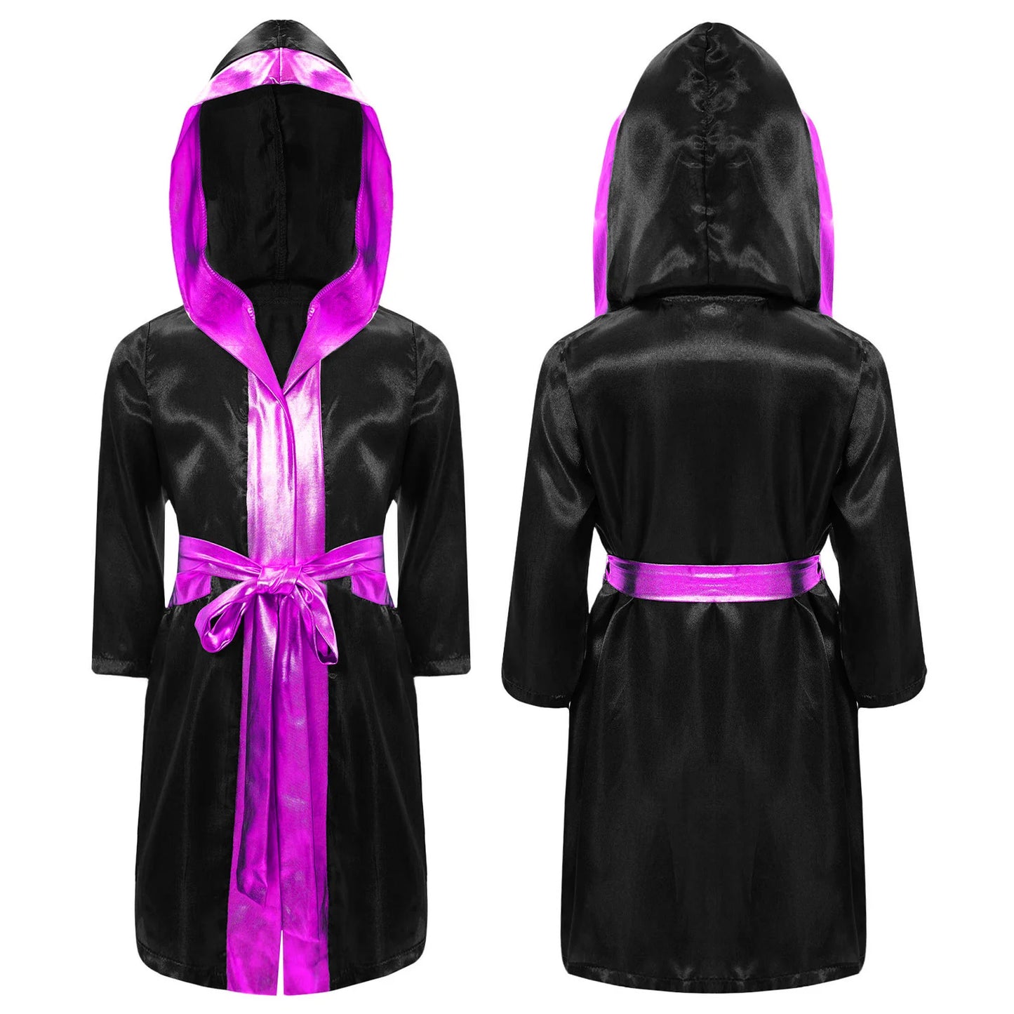 Kids Boys Boxing Robe Boxer Cosplay Costume Long Sleeve Open Front Hooded Cloak with Belt for Kickboxing Workout Sports Fitness