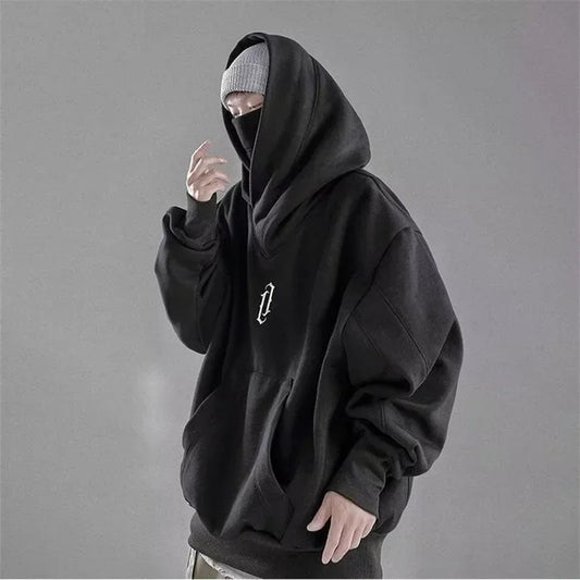 Autumn Embroidery Turtleneck Men's Hooded Sweatshirt Japanese Ninja Oversized Hoodies Hip Hop Fleece Pocket Streetwear Y2K Hoody