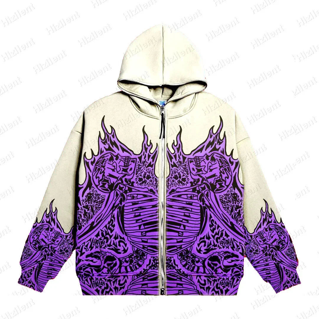 Men Anime Skull Hoodies Women Vintage Gothic Zip Up Long Sleeve Streetwear Loose Coats Harajuku Letter Print Hooded Sweatshirts