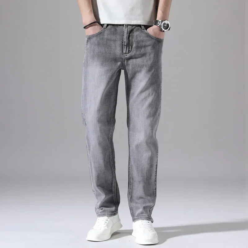 2024 Business Casual Men's Thin Denim Jeans Cotton Stretch Jeans Grey Spring Summer Brand New Fit Straight Lightweight
