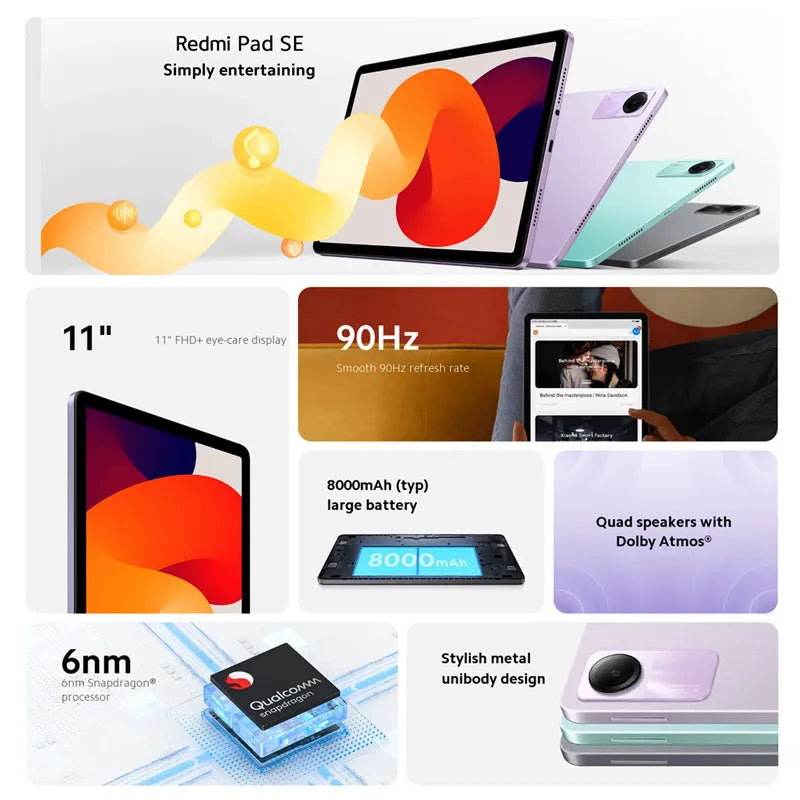 Global Version Xiaomi Redmi Pad SE Snapdragon 680 8GB RAM 256GB ROM Mi Tablet Quad speakers Dolby Atmos 90Hz 11" Display 8000mAh