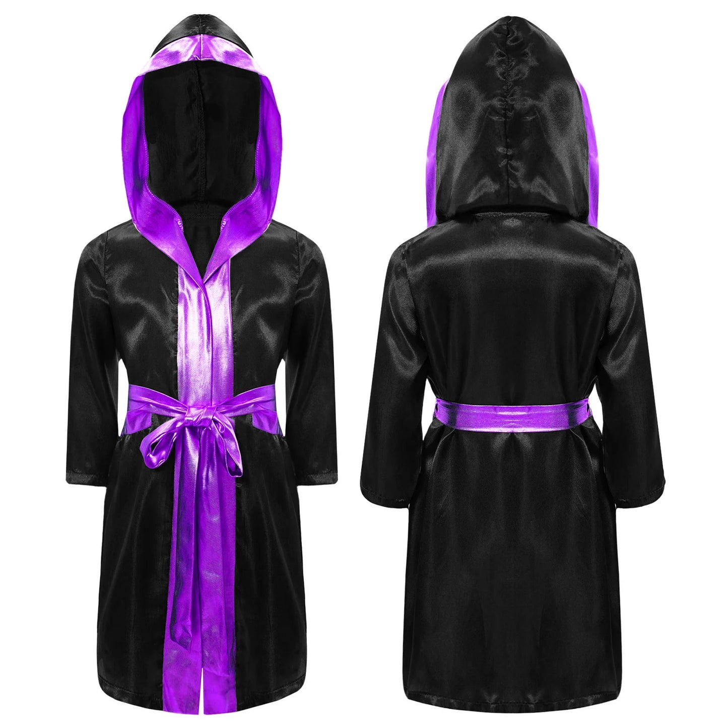 Kids Boys Boxing Robe Boxer Cosplay Costume Long Sleeve Open Front Hooded Cloak with Belt for Kickboxing Workout Sports Fitness