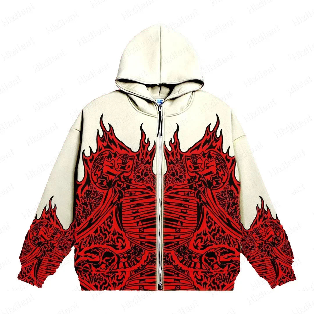 Men Anime Skull Hoodies Women Vintage Gothic Zip Up Long Sleeve Streetwear Loose Coats Harajuku Letter Print Hooded Sweatshirts
