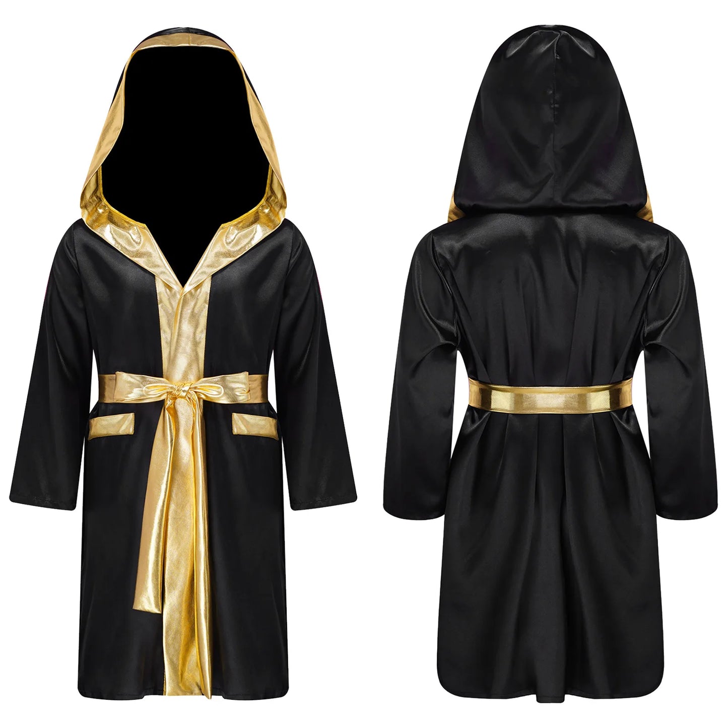 Kids Boys Boxing Robe Boxer Cosplay Costume Long Sleeve Open Front Hooded Cloak with Belt for Kickboxing Workout Sports Fitness