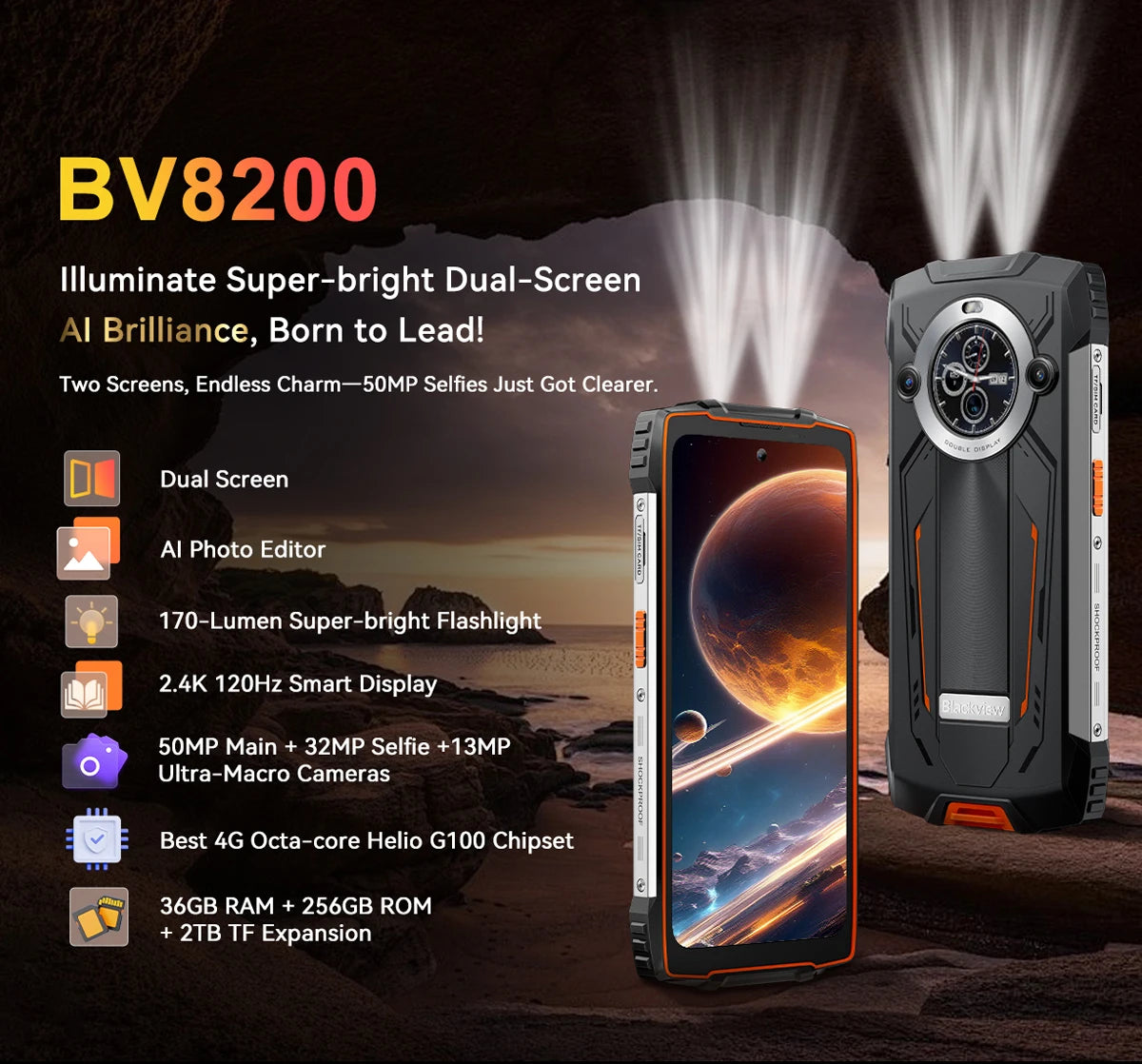 【World premiere】Blackview BV8200 Rugged Phone 6.5" 2.4K 120Hz Display Helio G100 NFC 12GB 256GB Android 14 45W Charger CellPhone