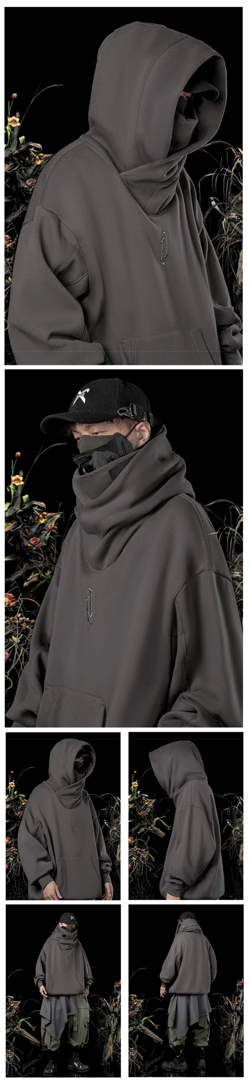 Autumn Embroidery Turtleneck Men's Hooded Sweatshirt Japanese Ninja Oversized Hoodies Hip Hop Fleece Pocket Streetwear Y2K Hoody