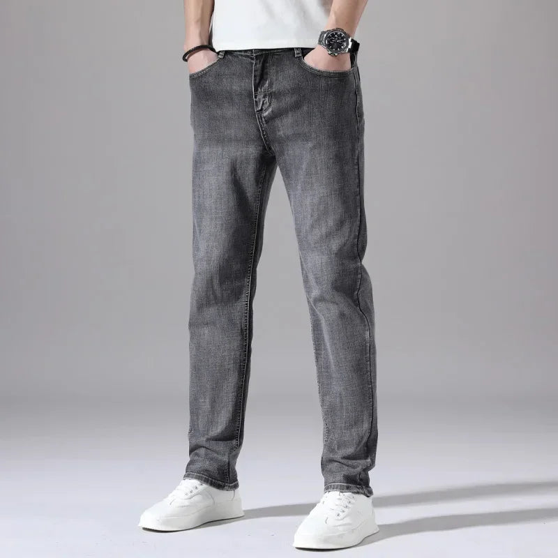 2024 Business Casual Men's Thin Denim Jeans Cotton Stretch Jeans Grey Spring Summer Brand New Fit Straight Lightweight