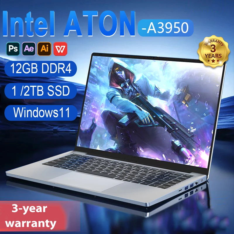 Professional Notebook Windows 11 intel Atom A3950 Laptop Computer 12GB DDR4 1TB 2TB SSD 1920*1080P 14.1" Notebook PC Computer
