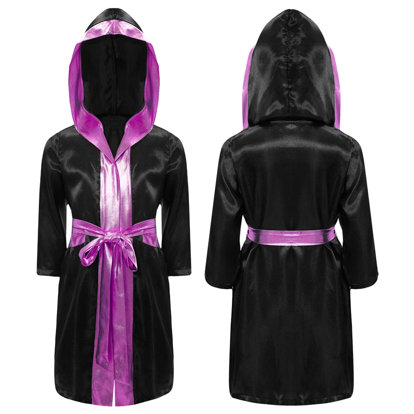 Kids Boys Boxing Robe Boxer Cosplay Costume Long Sleeve Open Front Hooded Cloak with Belt for Kickboxing Workout Sports Fitness