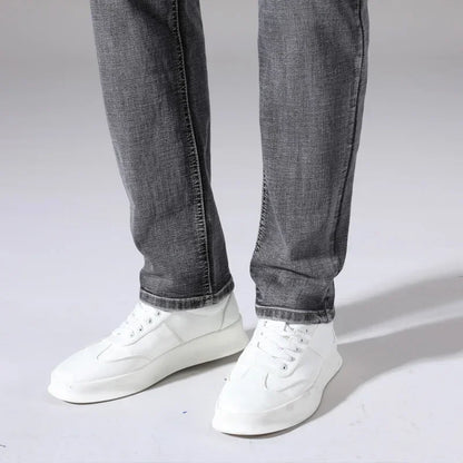 2024 Business Casual Men's Thin Denim Jeans Cotton Stretch Jeans Grey Spring Summer Brand New Fit Straight Lightweight
