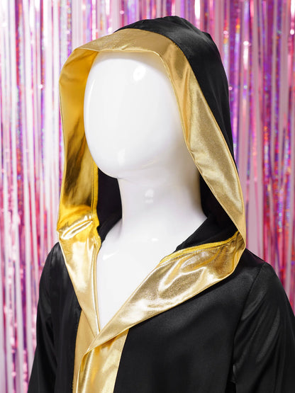 Kids Boys Boxing Robe Boxer Cosplay Costume Long Sleeve Open Front Hooded Cloak with Belt for Kickboxing Workout Sports Fitness