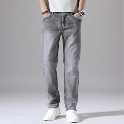 2024 Business Casual Men's Thin Denim Jeans Cotton Stretch Jeans Grey Spring Summer Brand New Fit Straight Lightweight