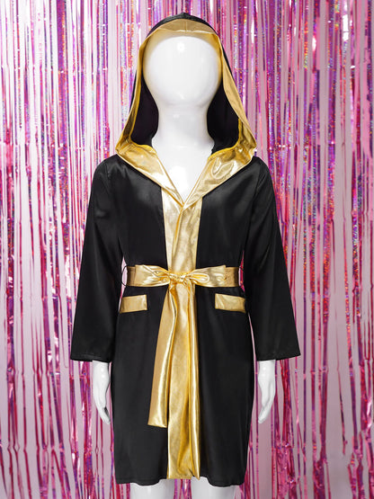 Kids Boys Boxing Robe Boxer Cosplay Costume Long Sleeve Open Front Hooded Cloak with Belt for Kickboxing Workout Sports Fitness