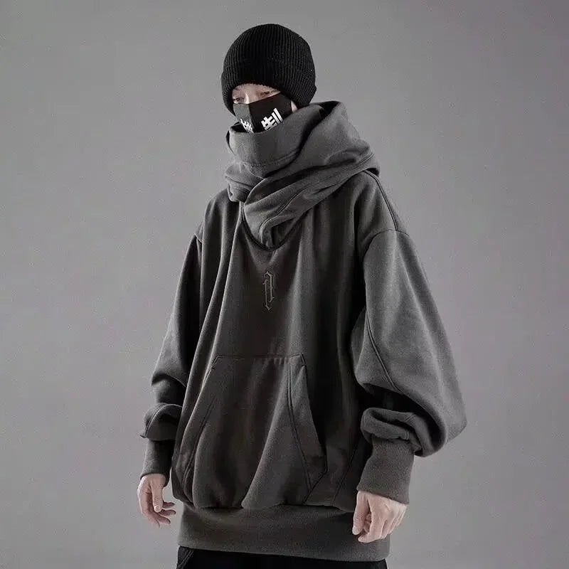 Autumn Embroidery Turtleneck Men's Hooded Sweatshirt Japanese Ninja Oversized Hoodies Hip Hop Fleece Pocket Streetwear Y2K Hoody