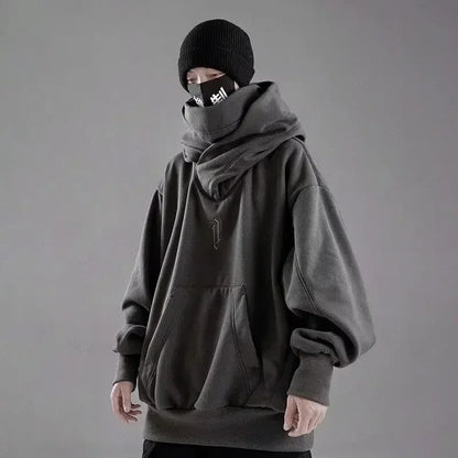 Autumn Embroidery Turtleneck Men's Hooded Sweatshirt Japanese Ninja Oversized Hoodies Hip Hop Fleece Pocket Streetwear Y2K Hoody