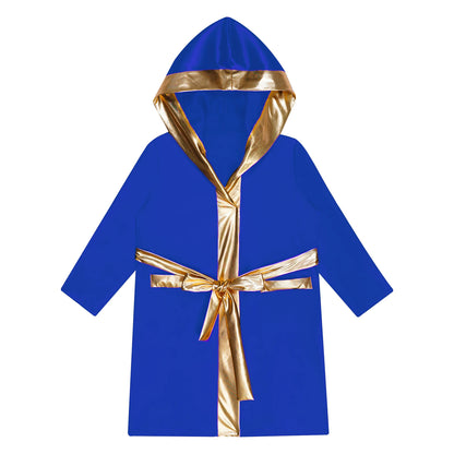 Kids Boys Boxing Robe Boxer Cosplay Costume Long Sleeve Open Front Hooded Cloak with Belt for Kickboxing Workout Sports Fitness