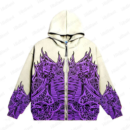 Men Anime Skull Hoodies Women Vintage Gothic Zip Up Long Sleeve Streetwear Loose Coats Harajuku Letter Print Hooded Sweatshirts
