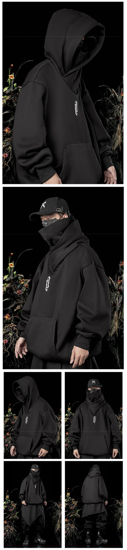 Autumn Embroidery Turtleneck Men's Hooded Sweatshirt Japanese Ninja Oversized Hoodies Hip Hop Fleece Pocket Streetwear Y2K Hoody