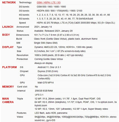 Samsung Galaxy S21 5G G991N 256GB ROM 8GB RAM Koera Version 6.2" AMOLED Exynos NFC Octa Core Original Unlocked Android Cellphone