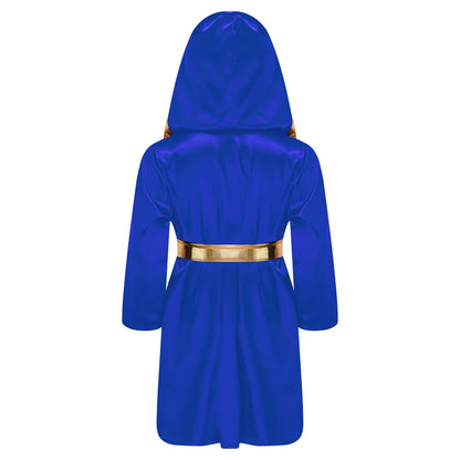 Kids Boys Boxing Robe Boxer Cosplay Costume Long Sleeve Open Front Hooded Cloak with Belt for Kickboxing Workout Sports Fitness