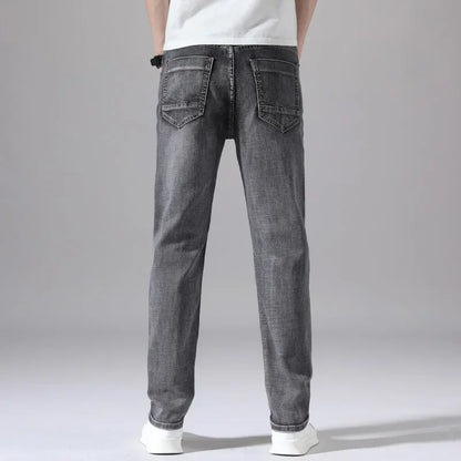 2024 Business Casual Men's Thin Denim Jeans Cotton Stretch Jeans Grey Spring Summer Brand New Fit Straight Lightweight