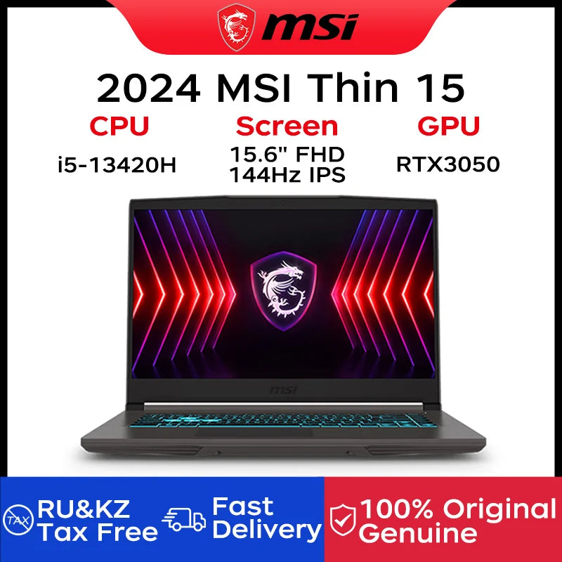 2024 MSI Thin 15 Gaming Laptop 15.6 Inch 2.5K FHD 144Hz IPS Screen Notebook i5-13420H 32GB 1TB RTX3050 Gaming Netbook Computer
