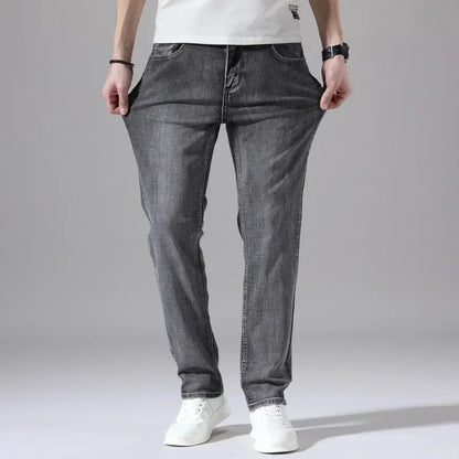 2024 Business Casual Men's Thin Denim Jeans Cotton Stretch Jeans Grey Spring Summer Brand New Fit Straight Lightweight