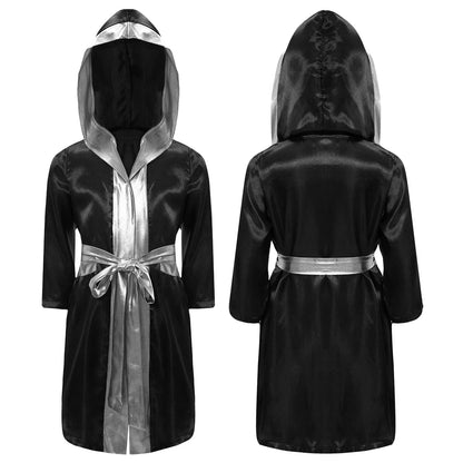 Kids Boys Boxing Robe Boxer Cosplay Costume Long Sleeve Open Front Hooded Cloak with Belt for Kickboxing Workout Sports Fitness