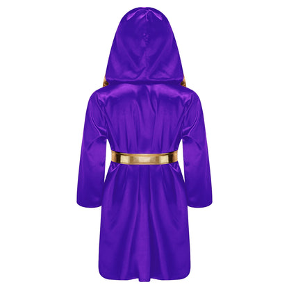 Kids Boys Boxing Robe Boxer Cosplay Costume Long Sleeve Open Front Hooded Cloak with Belt for Kickboxing Workout Sports Fitness