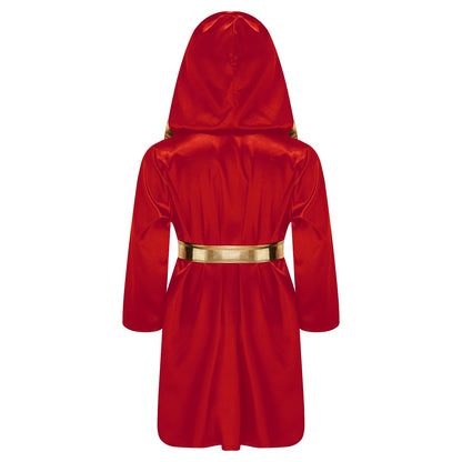 Kids Boys Boxing Robe Boxer Cosplay Costume Long Sleeve Open Front Hooded Cloak with Belt for Kickboxing Workout Sports Fitness