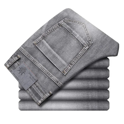 2024 Business Casual Men's Thin Denim Jeans Cotton Stretch Jeans Grey Spring Summer Brand New Fit Straight Lightweight