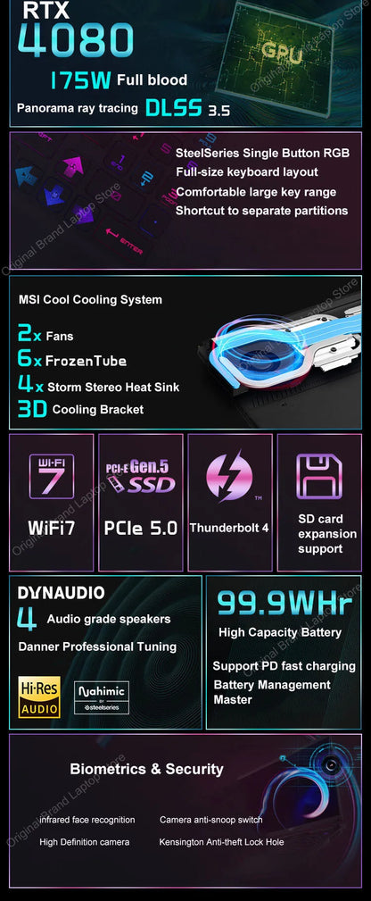 2024 MSI Raider GE68 HX Gaming Laptop 16 Inch 4K UHD 120Hz Mini LED Screen Notebook i9-14900HX 32GB 2TB RTX4080 Netbook Computer