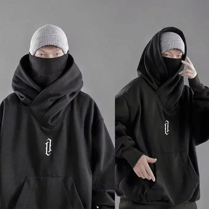 Autumn Embroidery Turtleneck Men's Hooded Sweatshirt Japanese Ninja Oversized Hoodies Hip Hop Fleece Pocket Streetwear Y2K Hoody