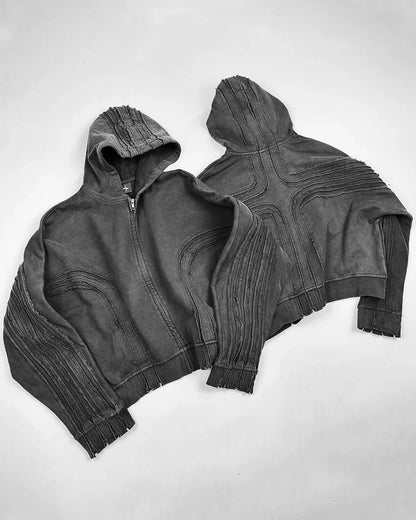Retro Streetwear Cross Patchwork Hip Hop Zipper Hoodie Men Women Gothic Fashion Working Clothes Jacket Y2k Punk Hole Sweatshirt