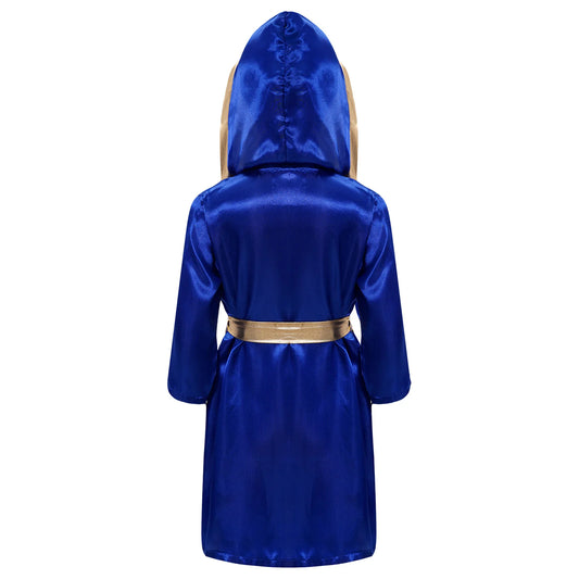 Kids Boys Boxing Robe Boxer Cosplay Costume Long Sleeve Open Front Hooded Cloak with Belt for Kickboxing Workout Sports Fitness