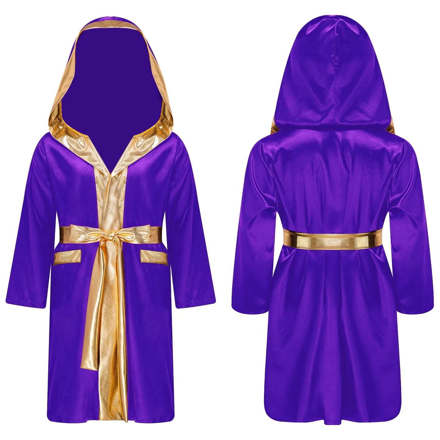 Kids Boys Boxing Robe Boxer Cosplay Costume Long Sleeve Open Front Hooded Cloak with Belt for Kickboxing Workout Sports Fitness