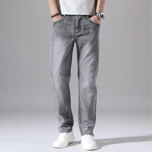 2024 Business Casual Men's Thin Denim Jeans Cotton Stretch Jeans Grey Spring Summer Brand New Fit Straight Lightweight