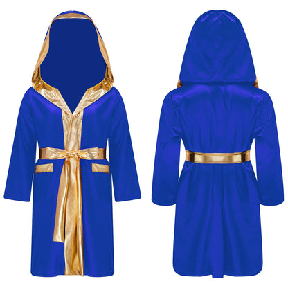 Kids Boys Boxing Robe Boxer Cosplay Costume Long Sleeve Open Front Hooded Cloak with Belt for Kickboxing Workout Sports Fitness