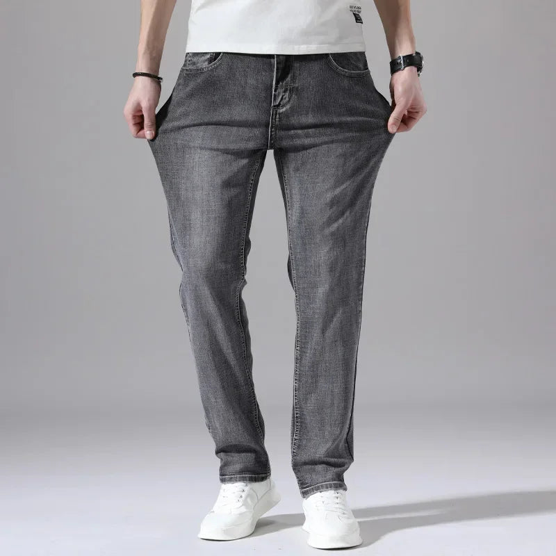 2024 Business Casual Men's Thin Denim Jeans Cotton Stretch Jeans Grey Spring Summer Brand New Fit Straight Lightweight