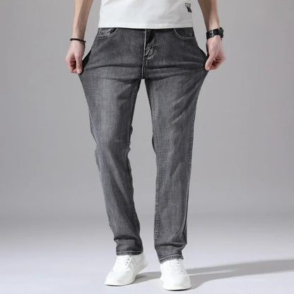 2024 Business Casual Men's Thin Denim Jeans Cotton Stretch Jeans Grey Spring Summer Brand New Fit Straight Lightweight