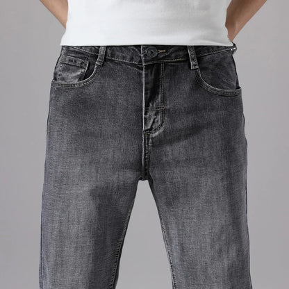 2024 Business Casual Men's Thin Denim Jeans Cotton Stretch Jeans Grey Spring Summer Brand New Fit Straight Lightweight