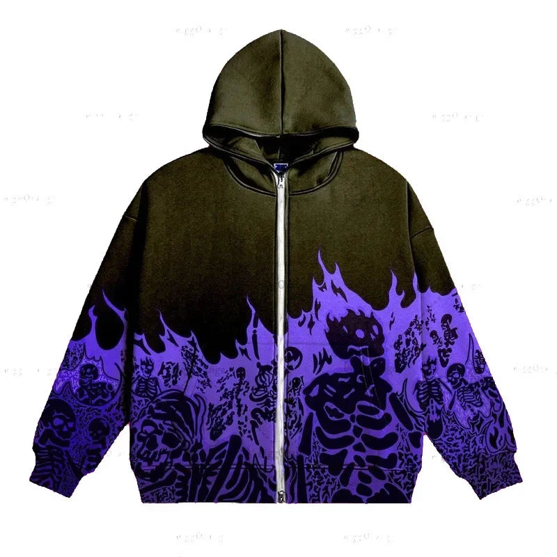 Men Anime Skull Hoodies Women Vintage Gothic Zip Up Long Sleeve Streetwear Loose Coats Harajuku Letter Print Hooded Sweatshirts