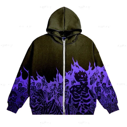 Men Anime Skull Hoodies Women Vintage Gothic Zip Up Long Sleeve Streetwear Loose Coats Harajuku Letter Print Hooded Sweatshirts