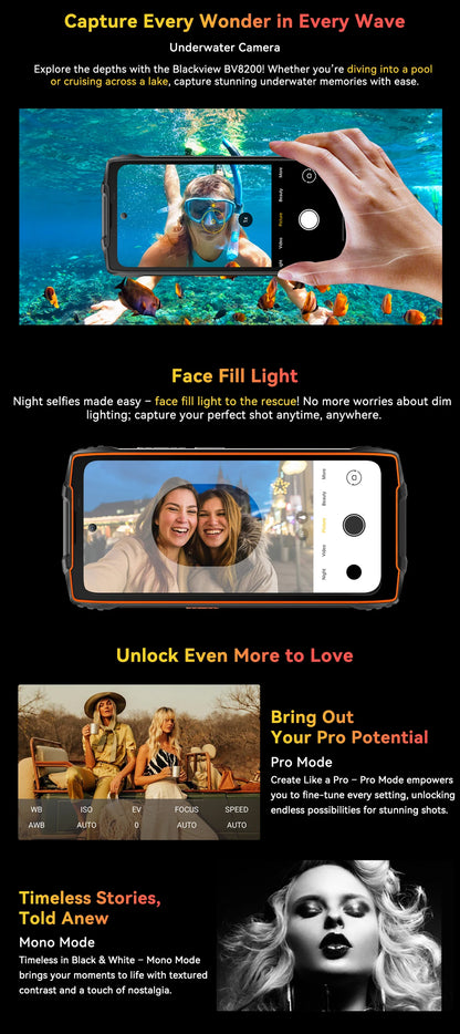 【World premiere】Blackview BV8200 Rugged Phone 6.5" 2.4K 120Hz Display Helio G100 NFC 12GB 256GB Android 14 45W Charger CellPhone