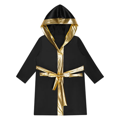 Kids Boys Boxing Robe Boxer Cosplay Costume Long Sleeve Open Front Hooded Cloak with Belt for Kickboxing Workout Sports Fitness